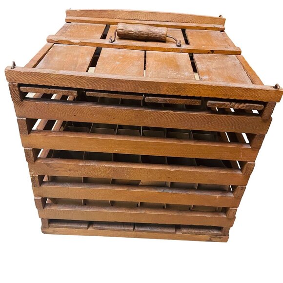 Vintage Wooden Egg Crate Carrier Storage Box With Handle Brown Farmhouse - Picture 4 of 6
